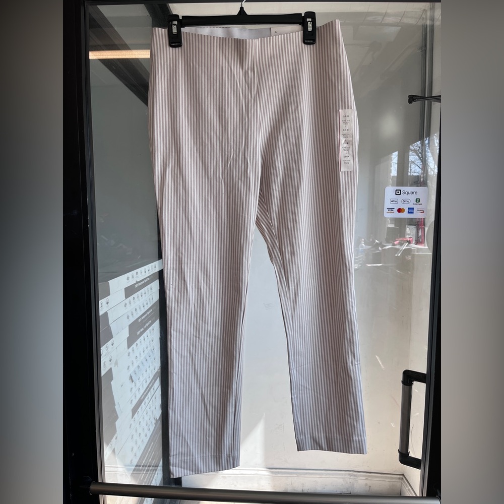 A New Day Dress Pants Womens 10 Brown White Striped Pull On Ankle Length Cotton